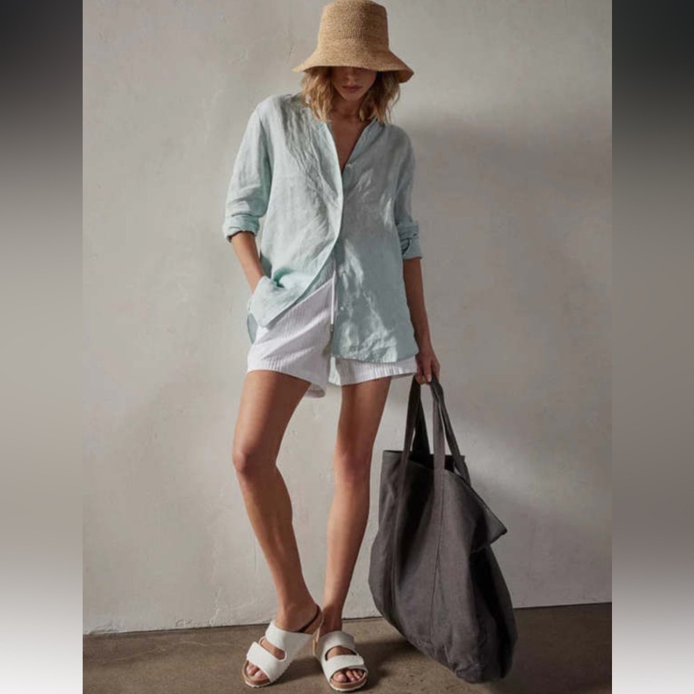 PURE AMICI 100% LINEN LIGHT AQUA BLUE LAGENLOOK LONG LINE BUTTON UP TUNIC